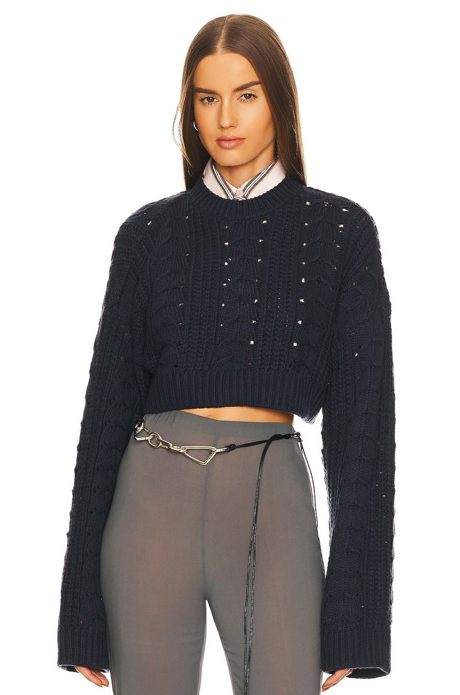 Sweaters & Knits * | L'Academie Dallyce Cable Micro Cropped Sweater Midnight Navy