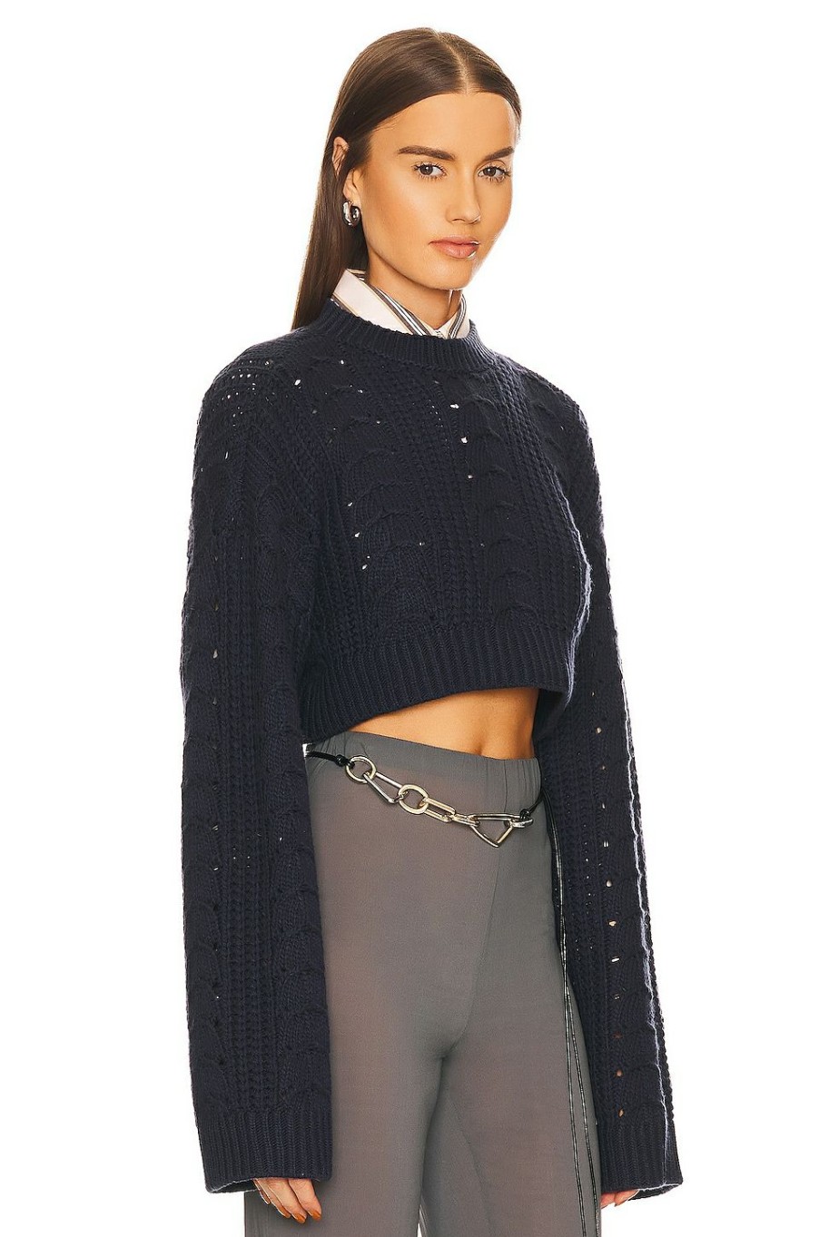 Sweaters & Knits * | L'Academie Dallyce Cable Micro Cropped Sweater Midnight Navy