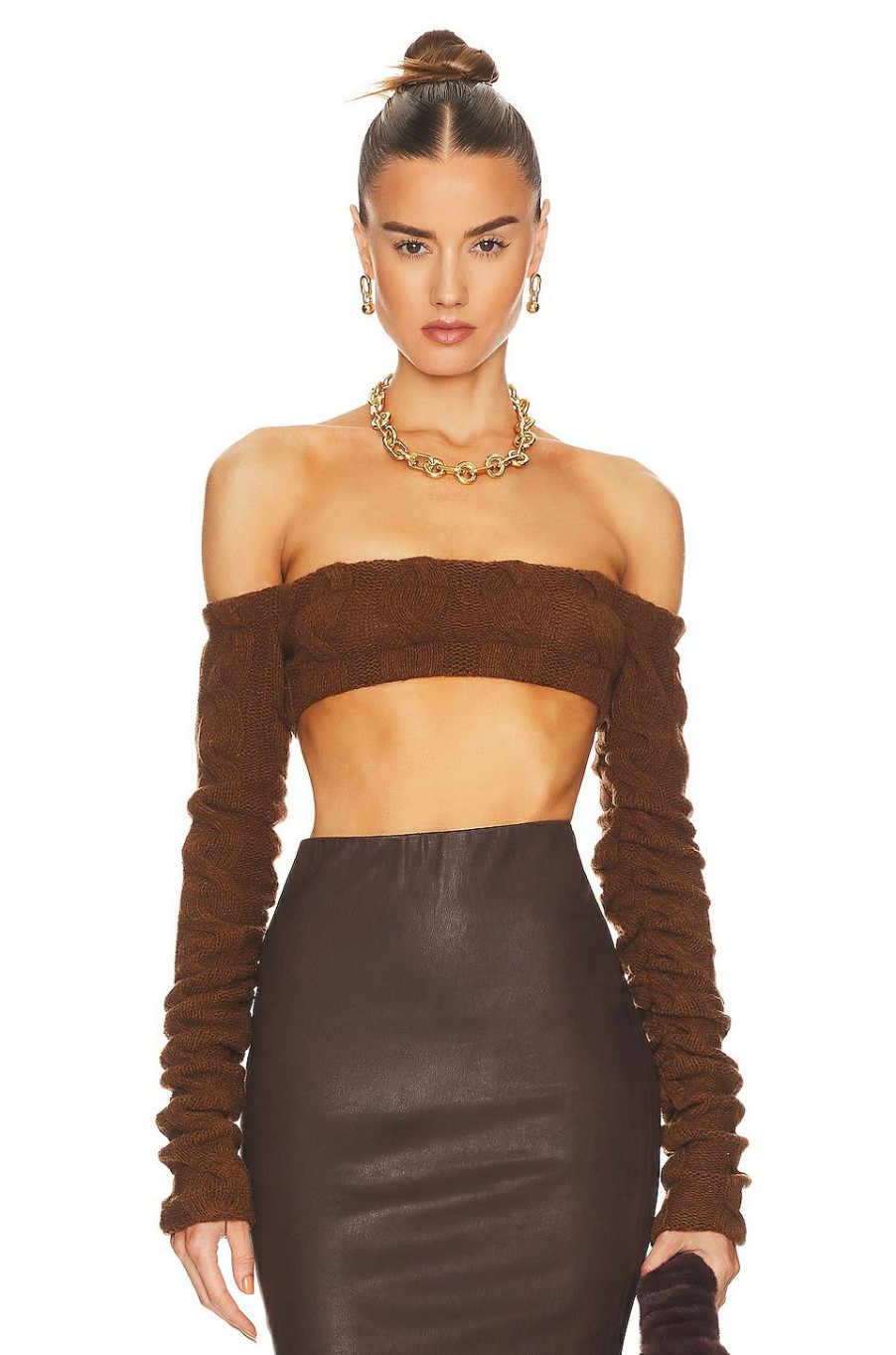 Tops * | Laquan Smith Cable Knit Bandeau Sweater Top Russet