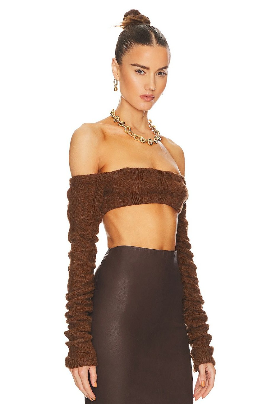 Tops * | Laquan Smith Cable Knit Bandeau Sweater Top Russet