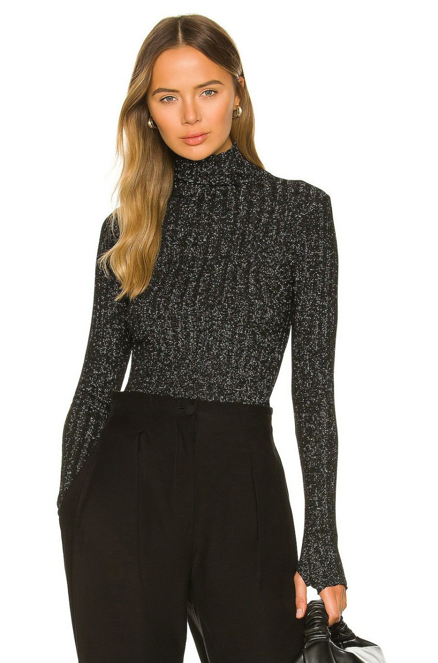 Tops * | Enza Costa Sweater Rib Turtleneck Black & Silver