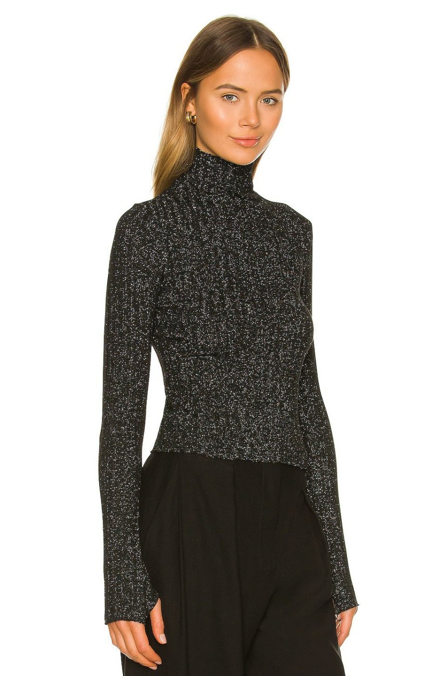 Tops * | Enza Costa Sweater Rib Turtleneck Black & Silver