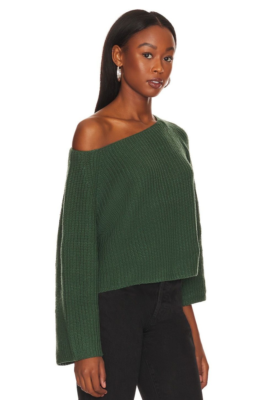 Sweaters & Knits * | L'Academie Jaide Off The Shoulder Crop Sweater Dark Green