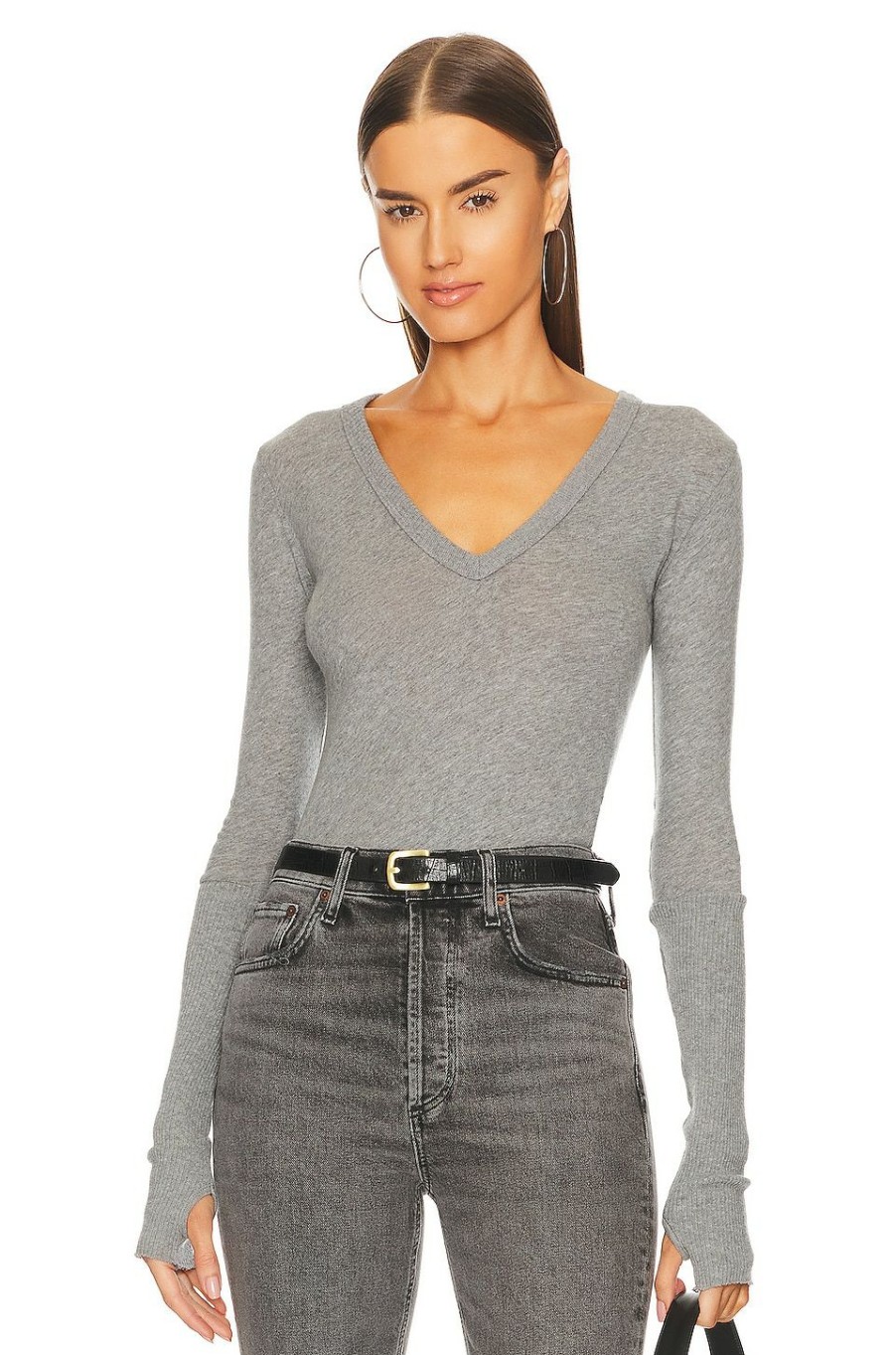 Tops * | Enza Costa Cashmere Fitted Cuffed V Neck Sweater Smoke