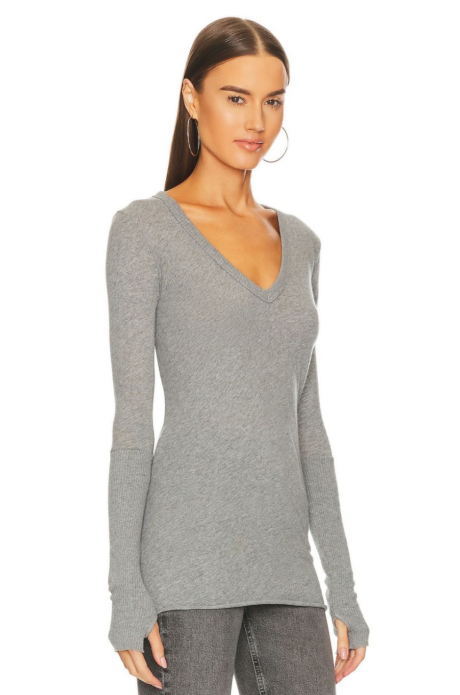 Tops * | Enza Costa Cashmere Fitted Cuffed V Neck Sweater Smoke