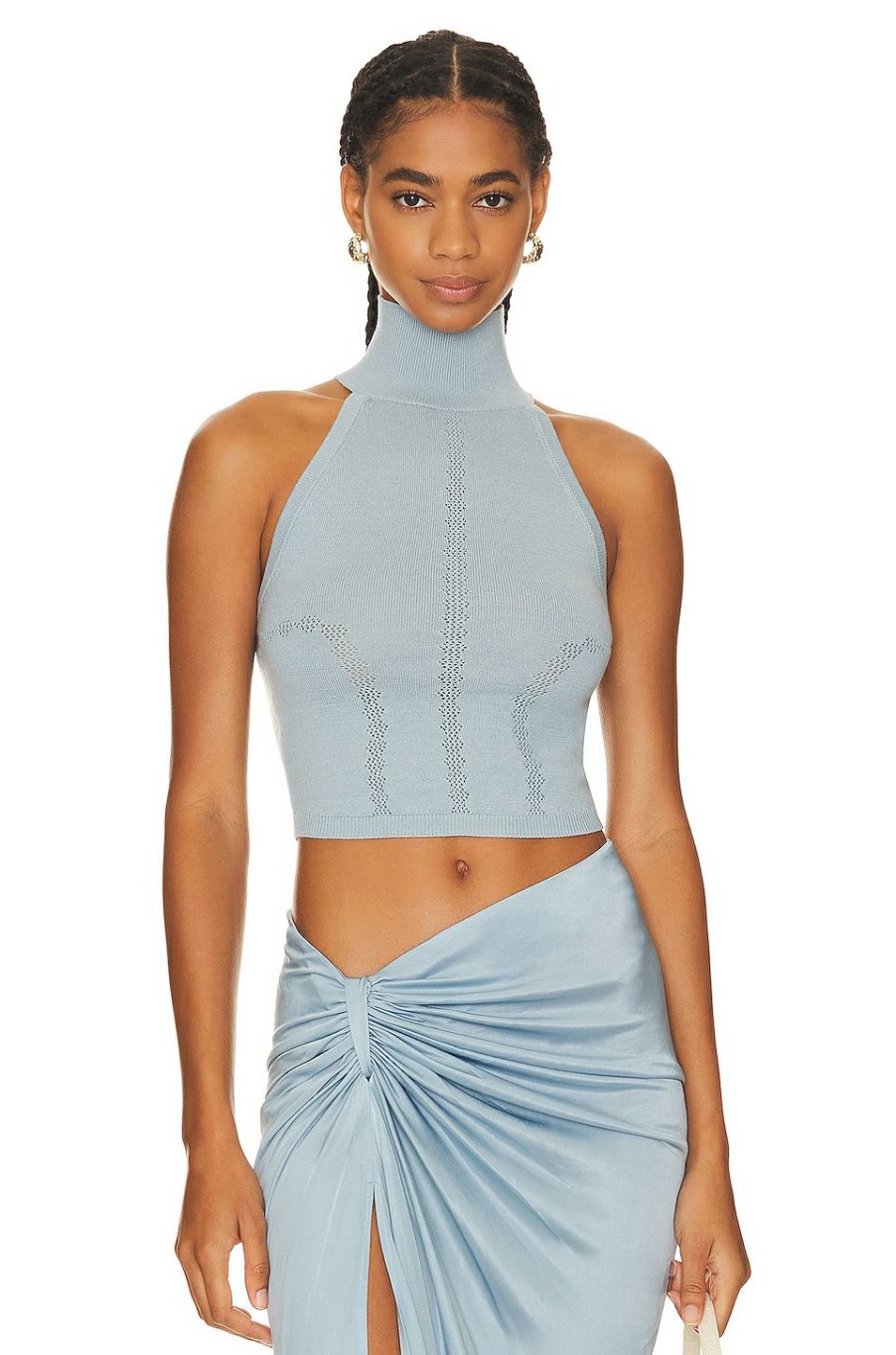 Tops * | Rta Cropped High Neck Sweater Tank Dusty Blue