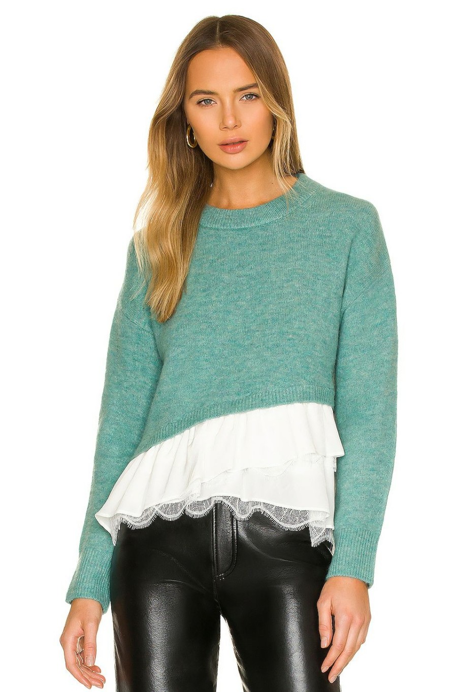 Sweaters & Knits * | Cinq A Sept Ruffle Hem Atlas Pullover Sweater Seafoam & Ivory