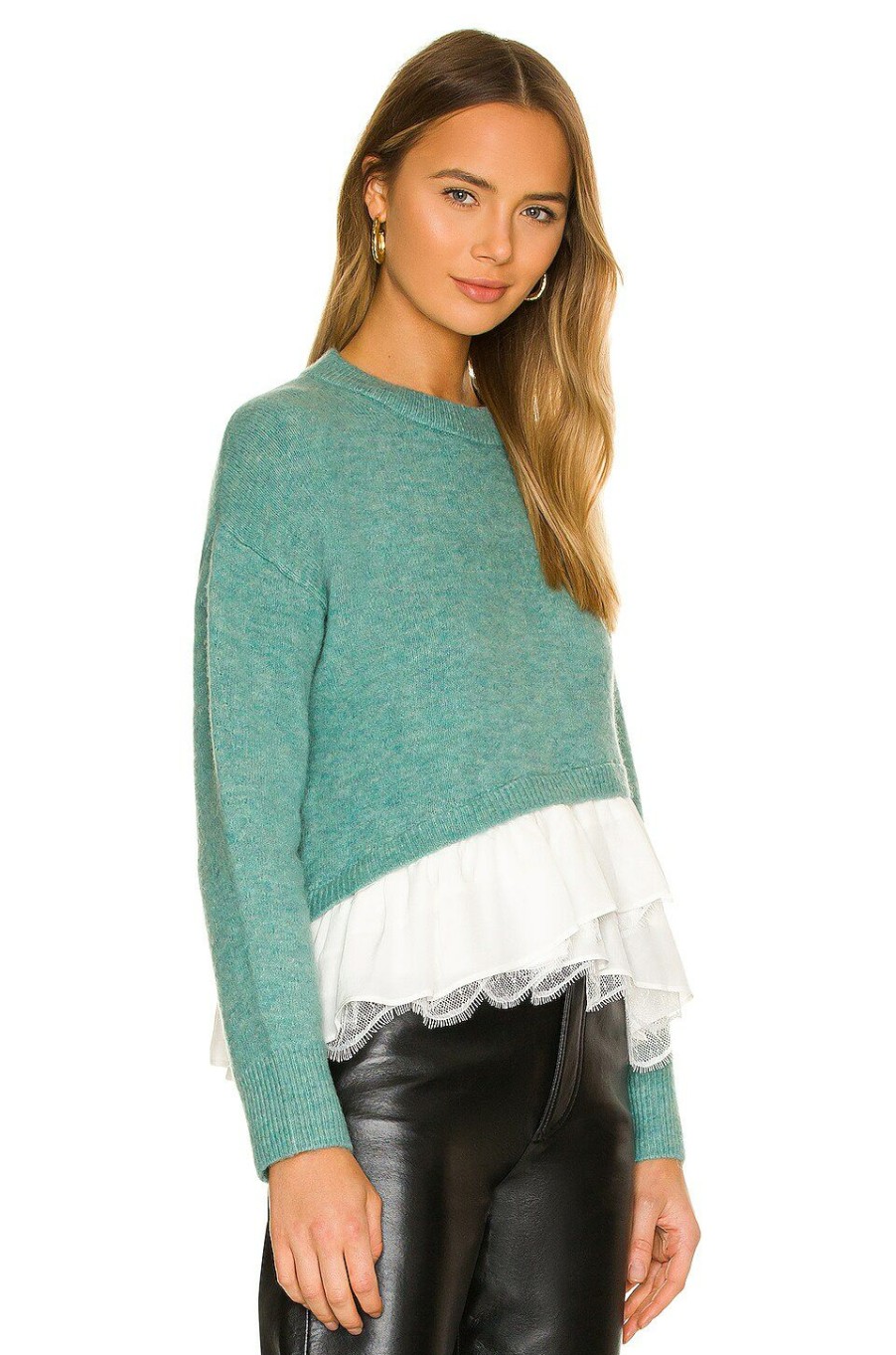 Sweaters & Knits * | Cinq A Sept Ruffle Hem Atlas Pullover Sweater Seafoam & Ivory