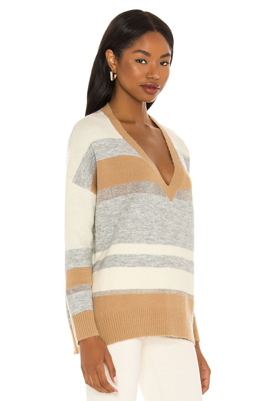 Sweaters & Knits * | Central Park West Dakota V-Neck Sweater Camel Stripe